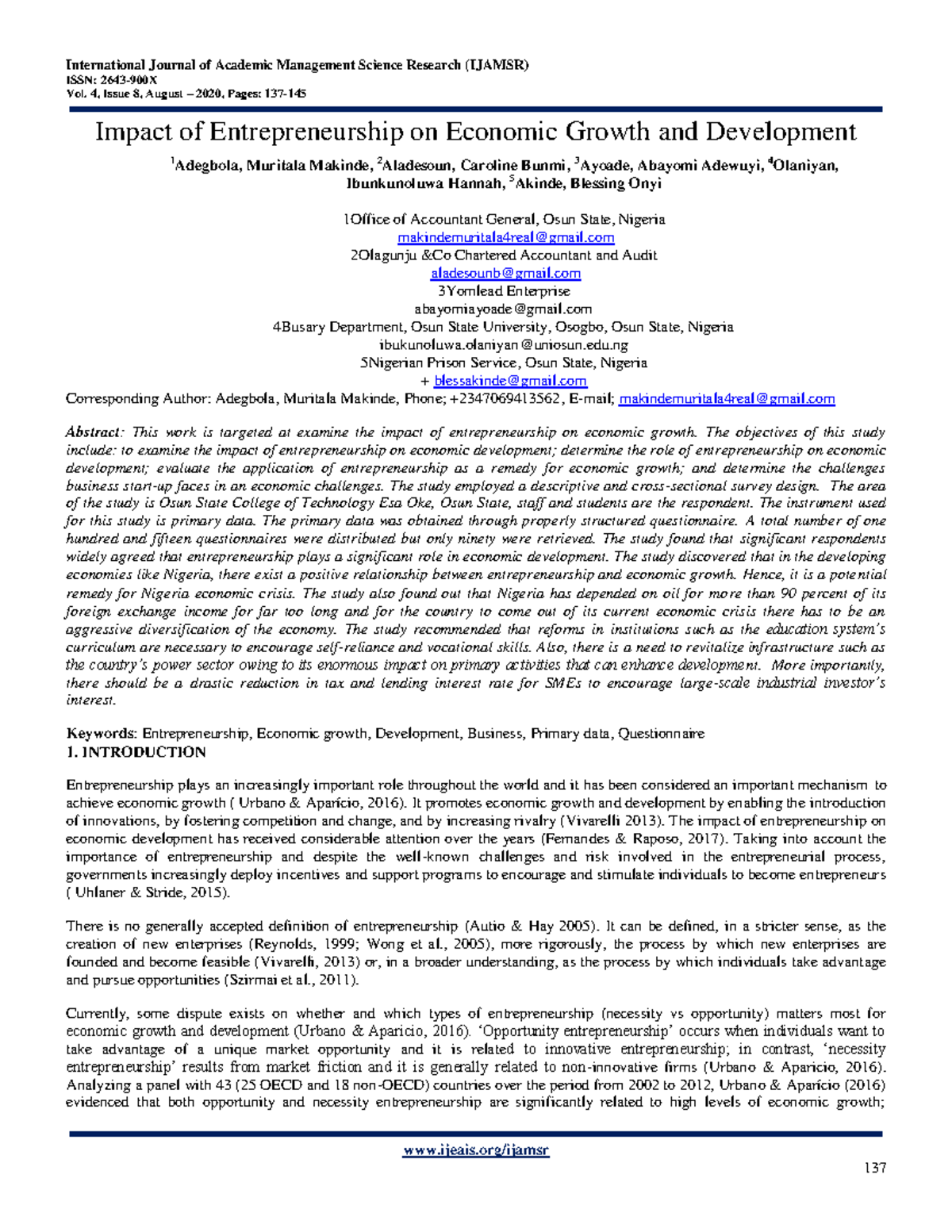 Impact of Entrepreneurship on Economic Growth and Development - ISSN ...