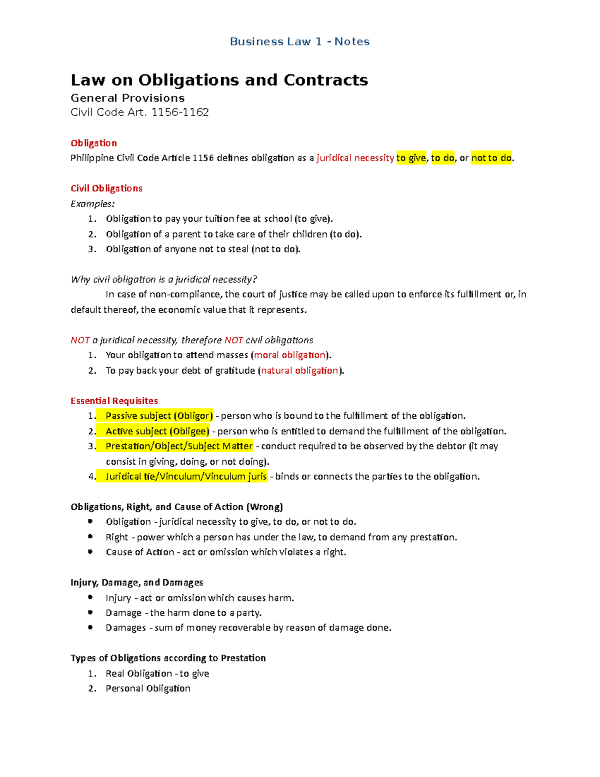 Introduction to Obligations General Provisions Notes Law on Obligations and Contracts
