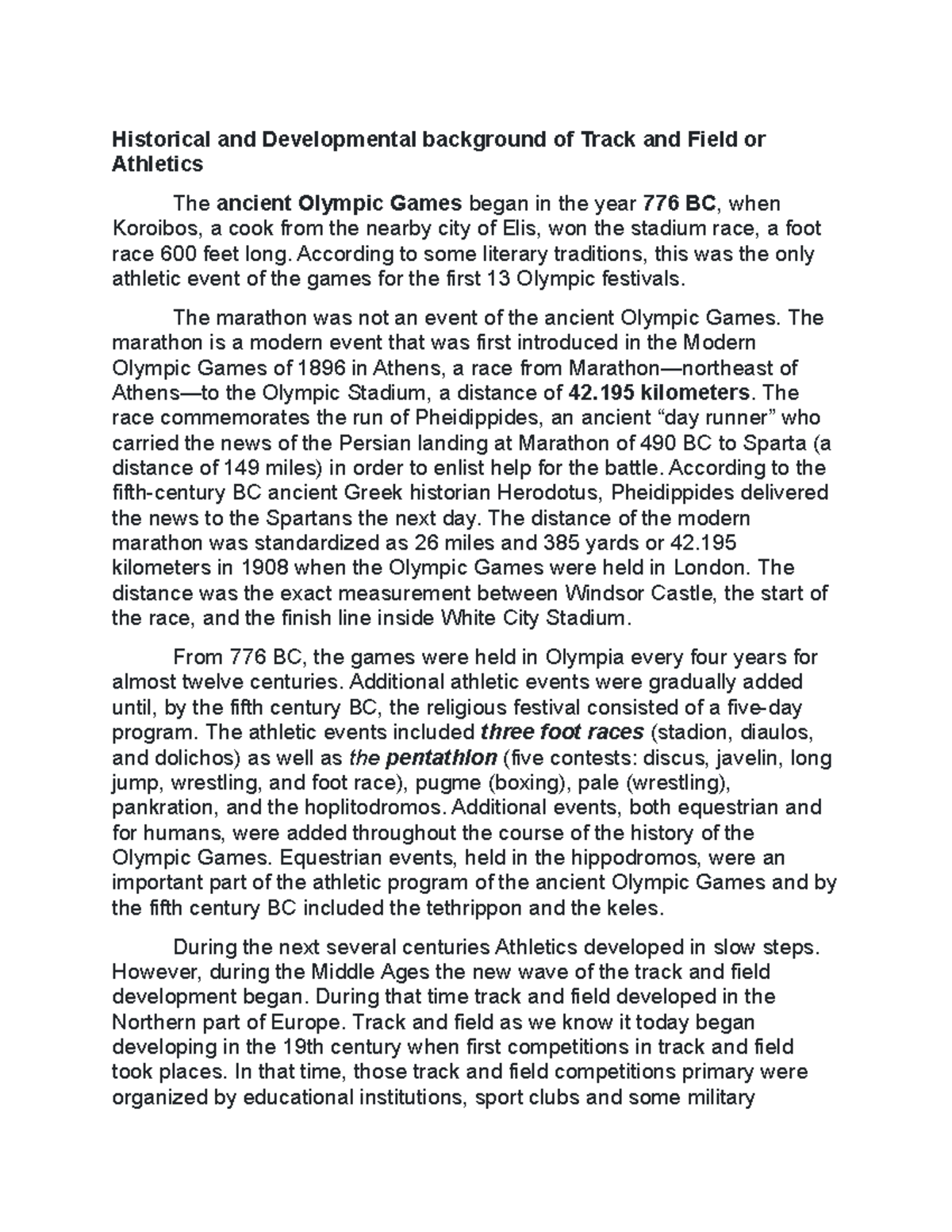 Historical and Developmental background of Track and Field or Athletics