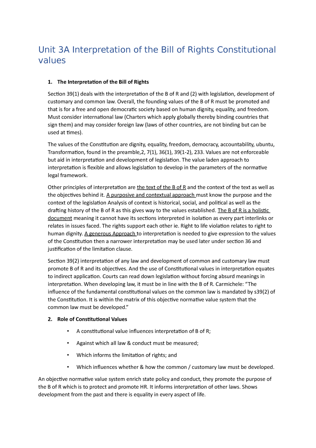 Unit 3A Interpretation Of The Bill Of Rights Constitutional Values ...