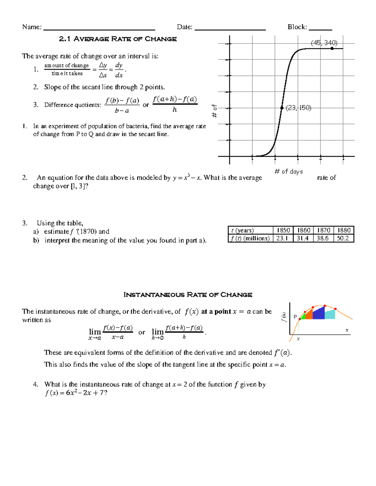2 - key - Name: Date: Block: 2 Average Rate of Change The average rate ...