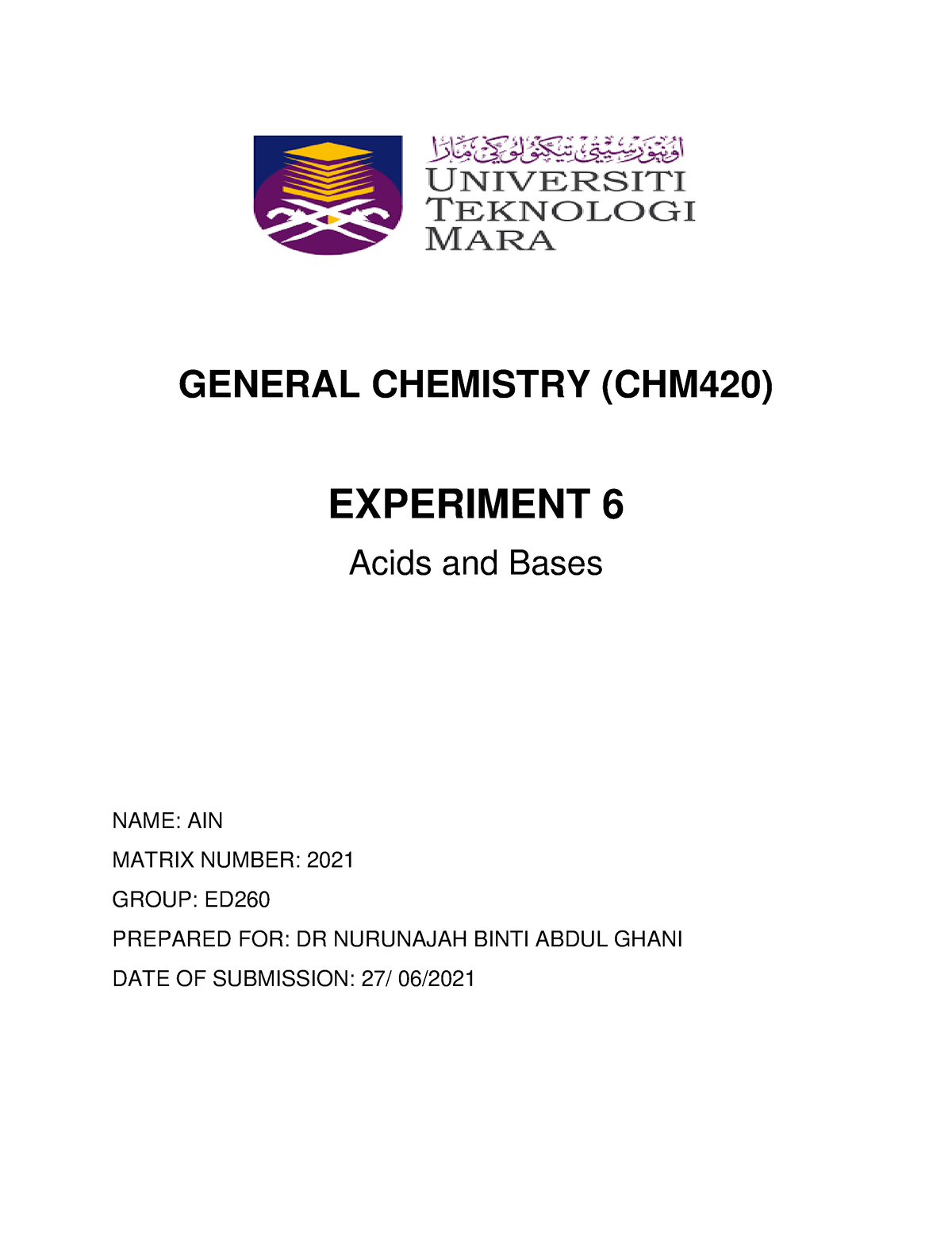 lab report chm420 experiment 6