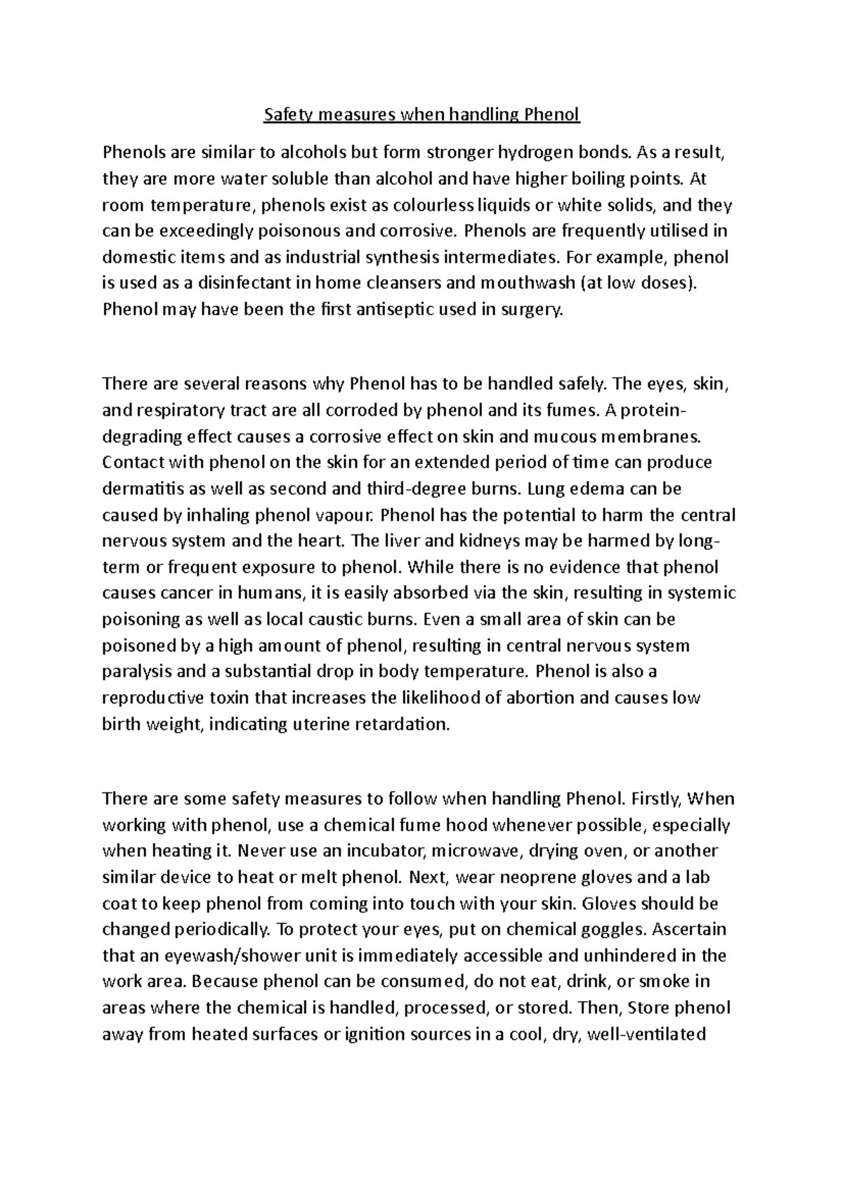 Safety measure phenol Safety measures when handling Phenol Phenols