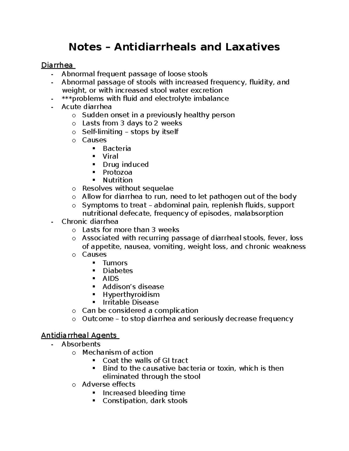 Notes - T2 . Antidiarrheal and Laxatives - Notes – Antidiarrheals and ...