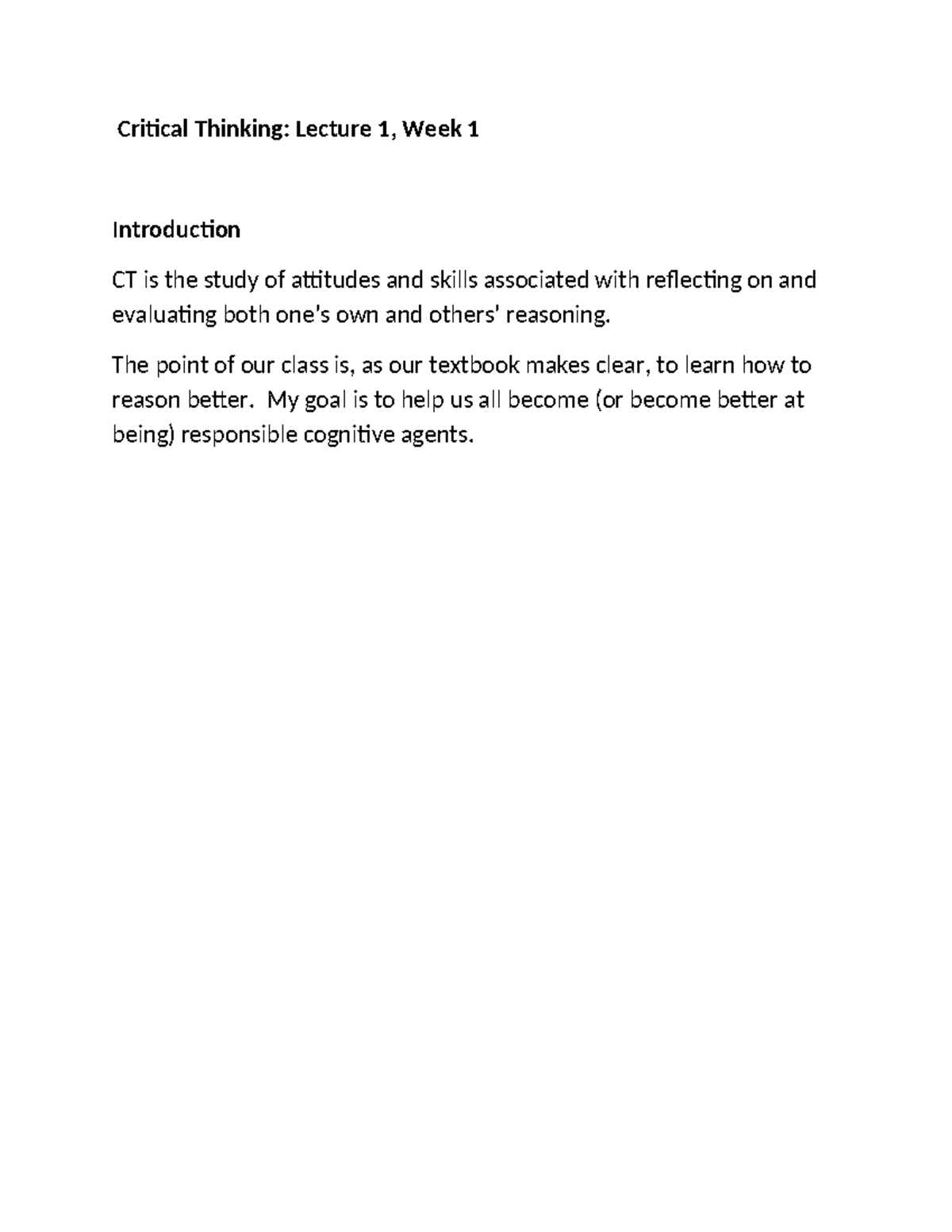 Lecture notes week 1 - Critical Thinking: Lecture 1, Week 1 ...