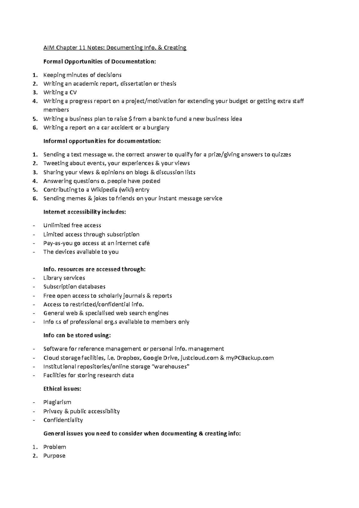 AIM Chapter 11 Notes - AIM Chapter 11 Notes: Documenting Info ...