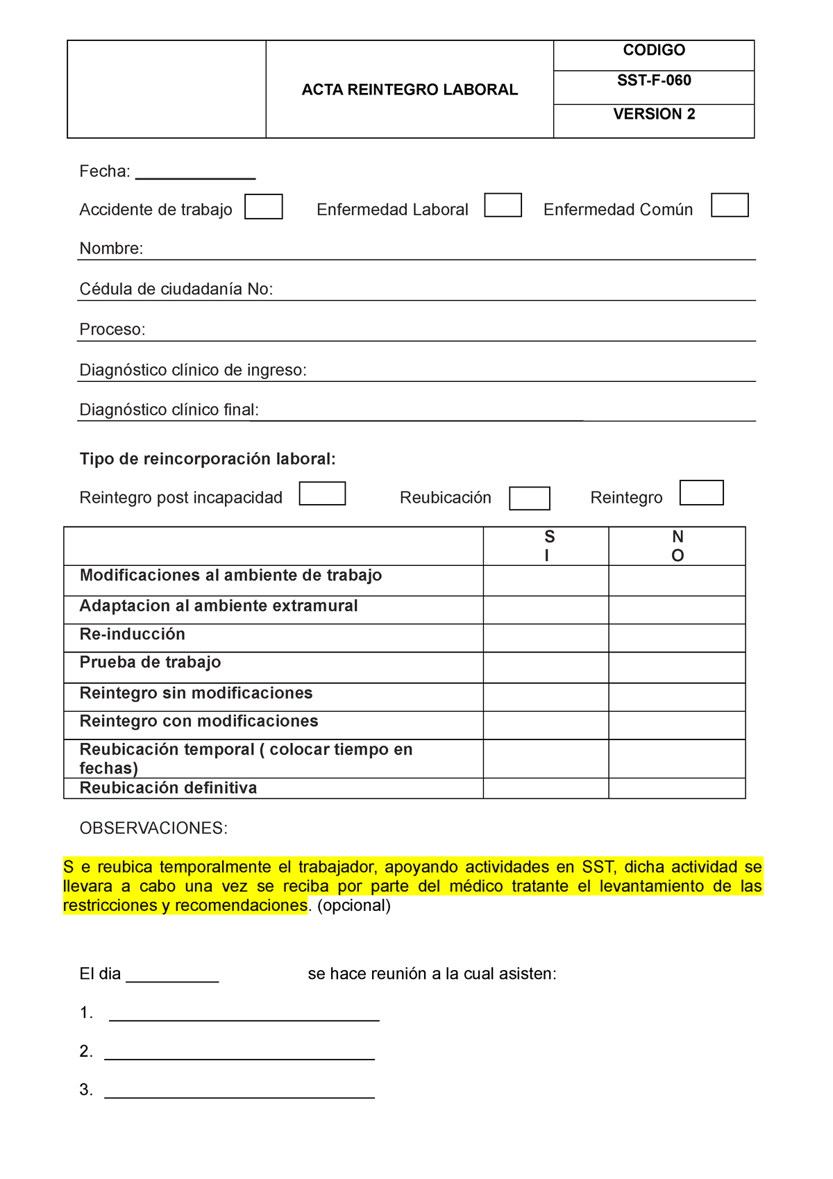 Formato De Acta De Reintegro Laboral Pdf 0614