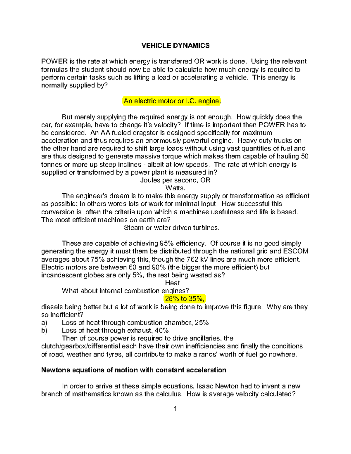 Lecture 1 - notes - VEHICLE DYNAMICS POWER is the rate at which energy ...
