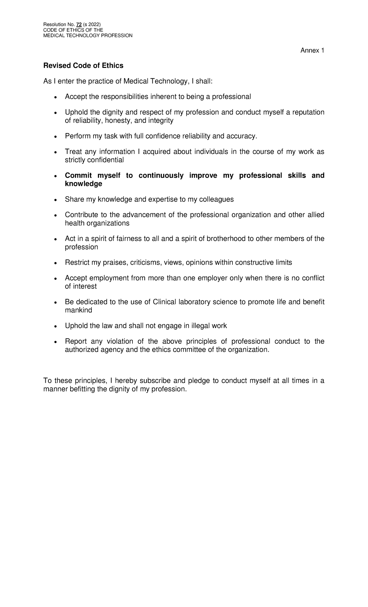 Coe code of ethics of medical laboratory science Resolution No. 72