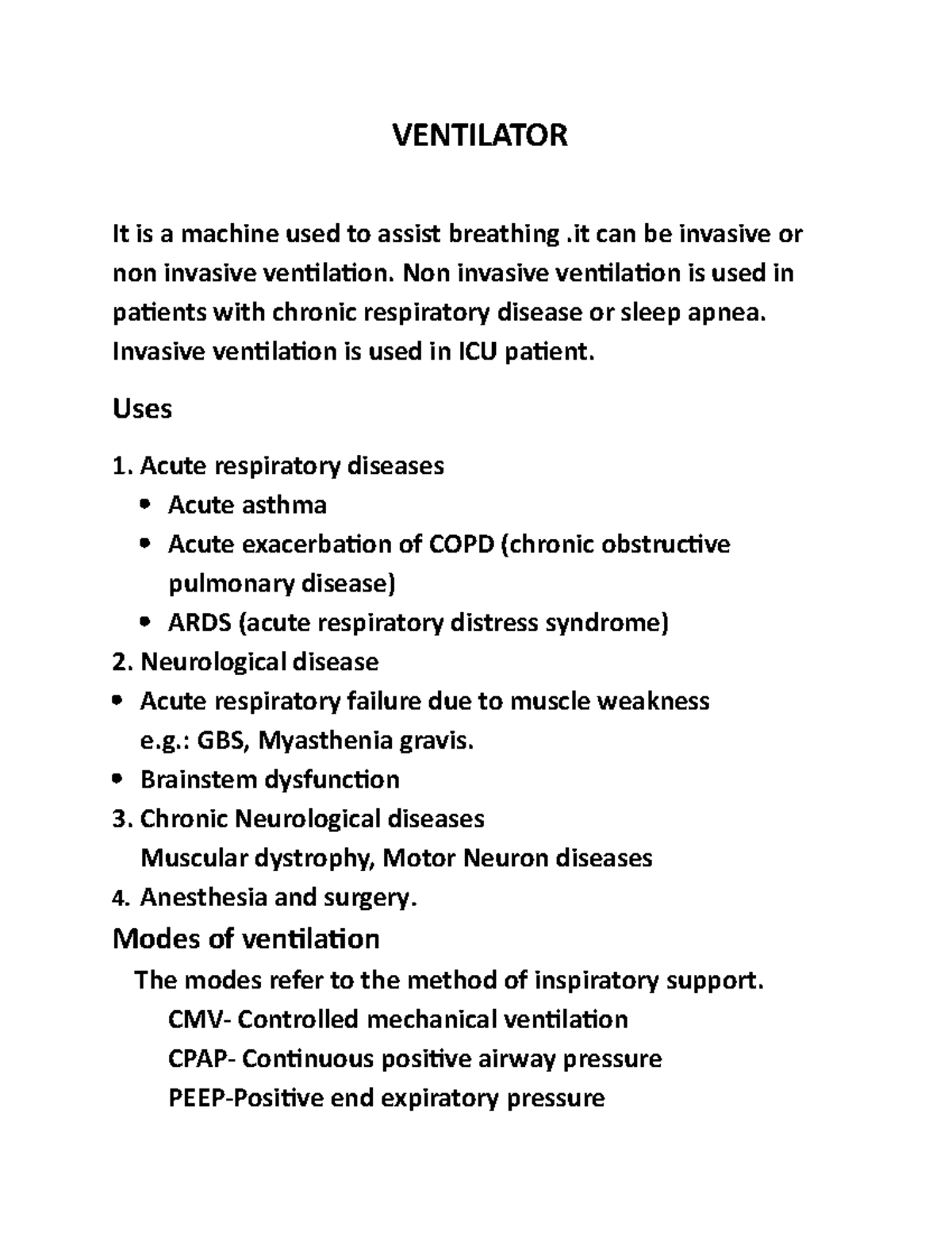 Ventilator - Neurology lecture notes - VENTILATOR It is a machine used ...