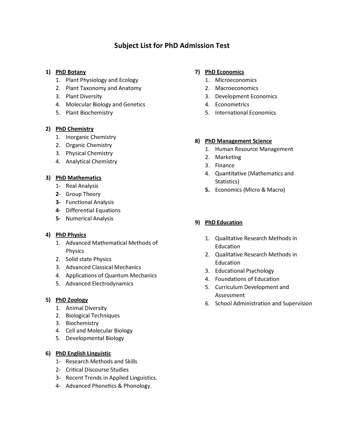 phd subject list