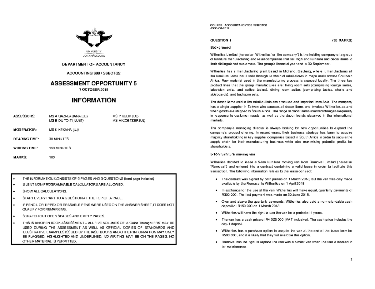 ACC300 AO5 2019 - DEPARTMENT OF ACCOUNTANCY ACCOUNTING 300 / S3BCTQ ...