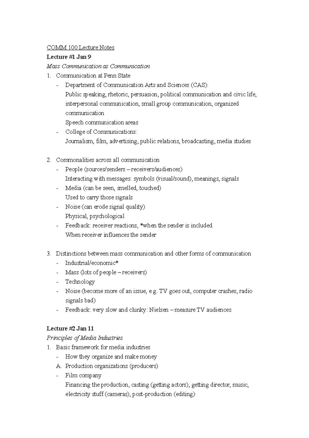 Lecture Notes Exam Period 1 - COMM 100 Lecture Notes Lecture #1 Jan 9 ...