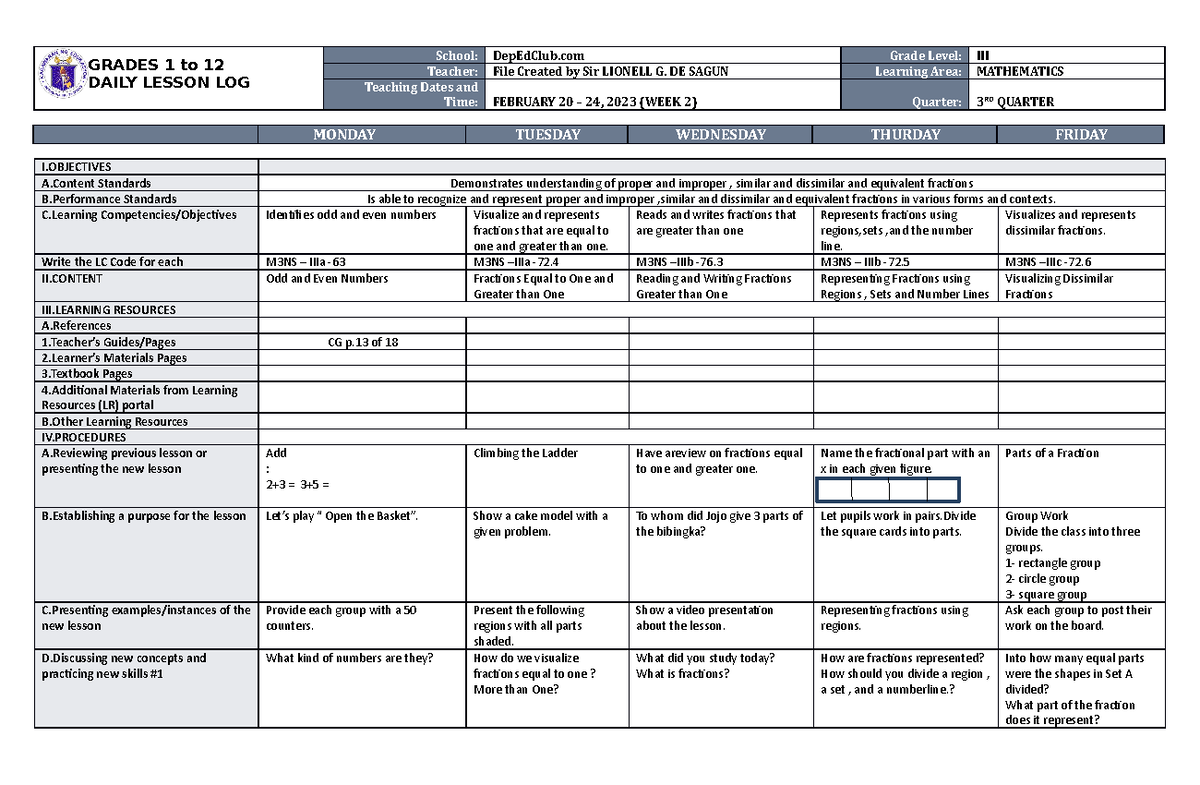 DLL Mathematics 3 Q3 W2 - ... - GRADES 1 to 12 DAILY LESSON LOG School ...