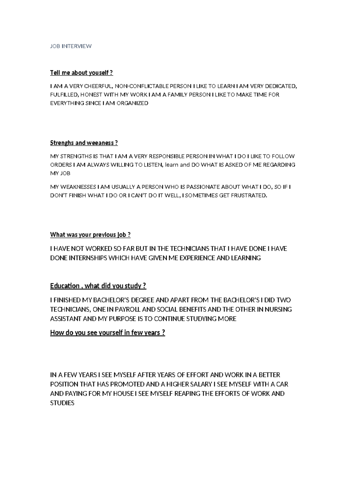 Documento 1 - iooeodeodoidedoeode - JOB INTERVIEW Tell me about youself ...