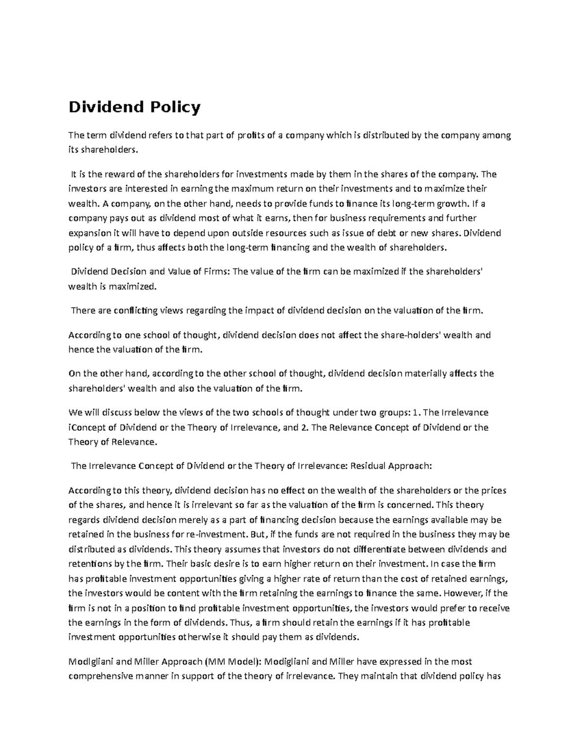 Dividend Policy - Lecture Notes 1 - Dividend Policy The Term Dividend ...