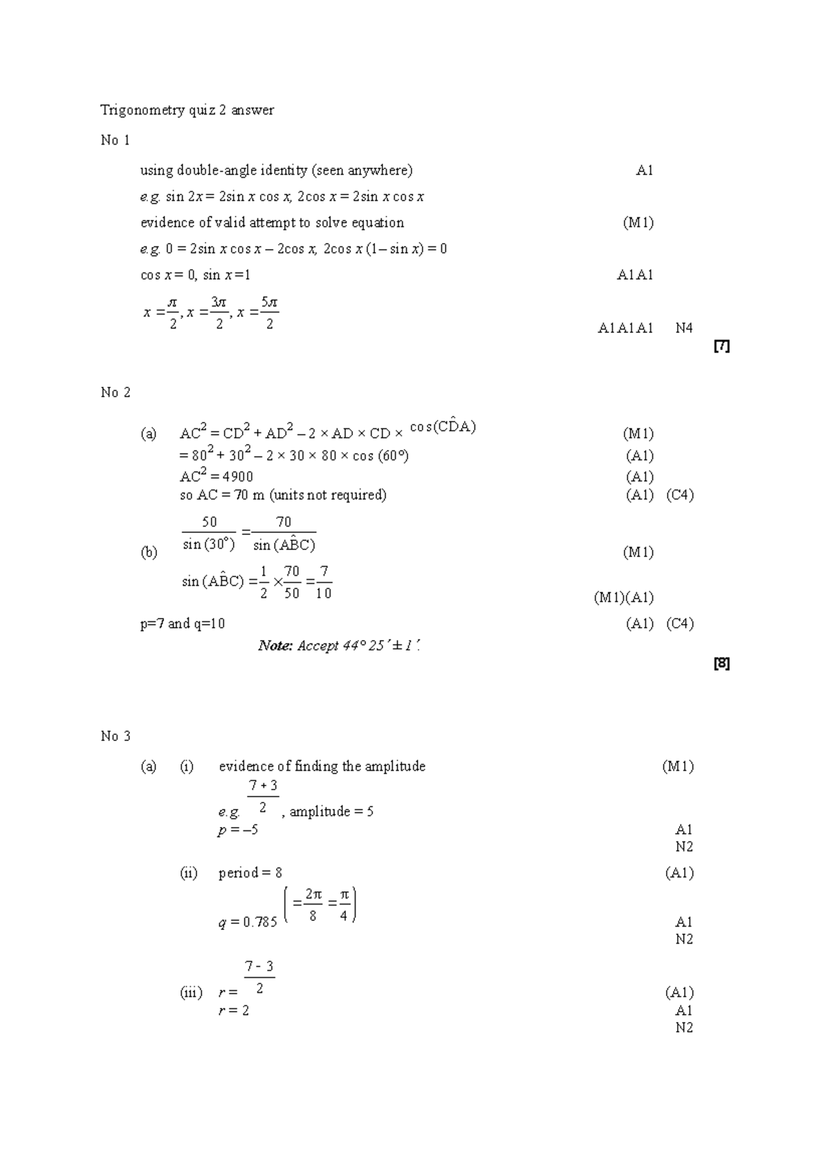 Trigonometry Quiz 2 2020 Answer Trigonometry Quiz 2 Answer No 1 Using Double Angle Identity Trigonometry Quiz 2 2020 Answer Trigonometry Quiz 2 Answer No 1 Using Double Angle Identity