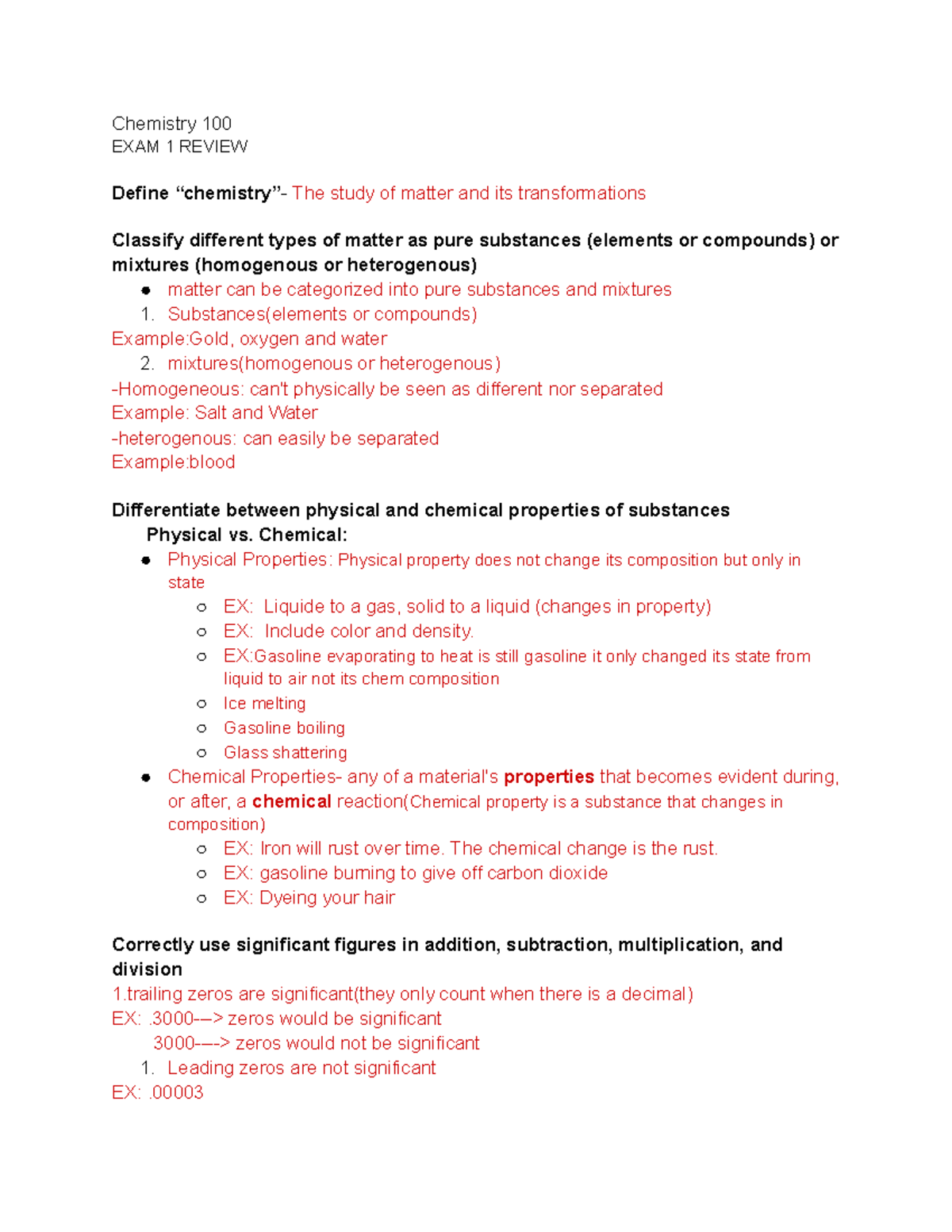 Chem 100 SDSU EXAM EXAM Chemistry 100 EXAM 1 REVIEW Define