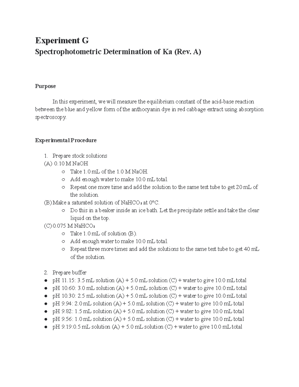 Experiment G Short Lab Report Experiment G Spectrophotometric