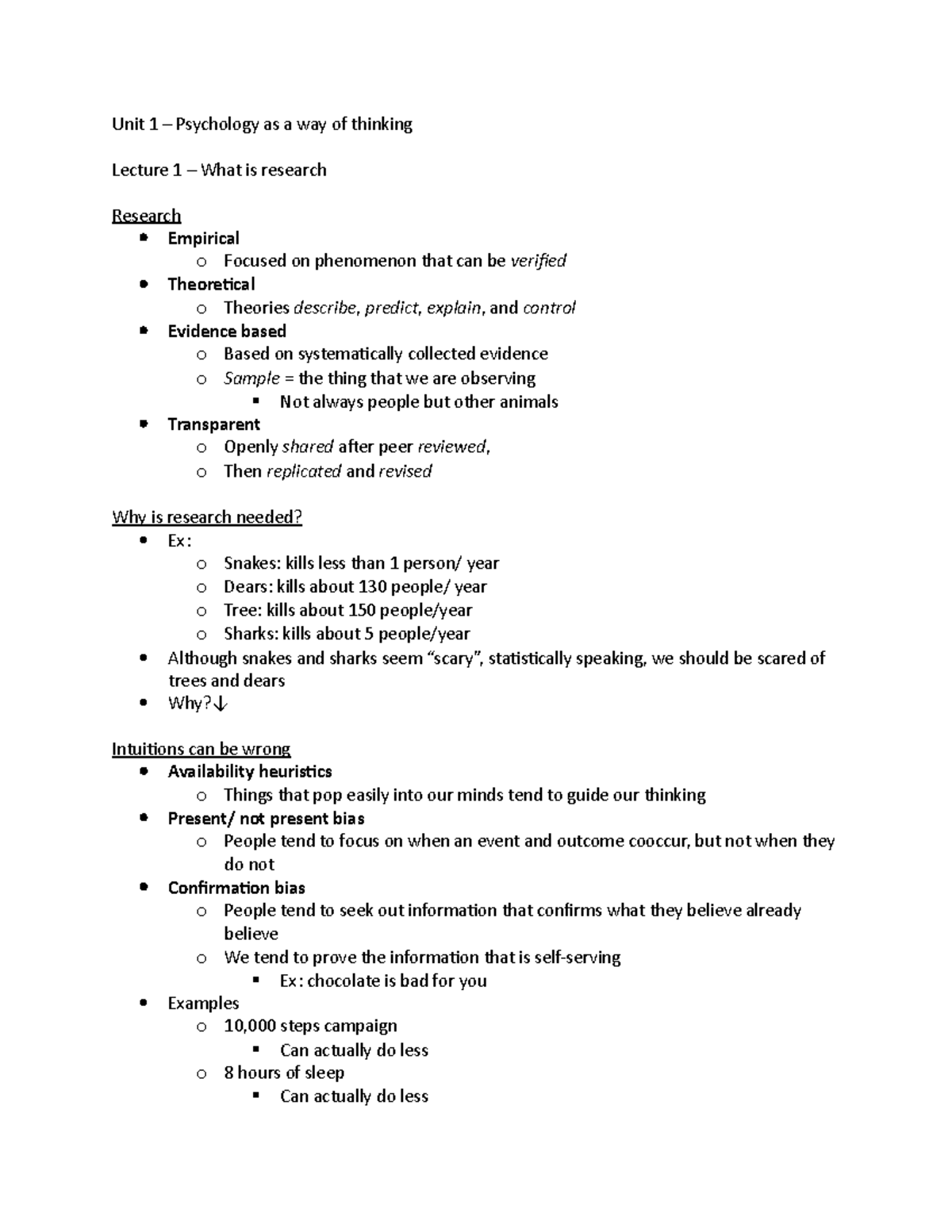 Lec 1 notes - Unit 1 – Psychology as a way of thinking Lecture 1 – What ...
