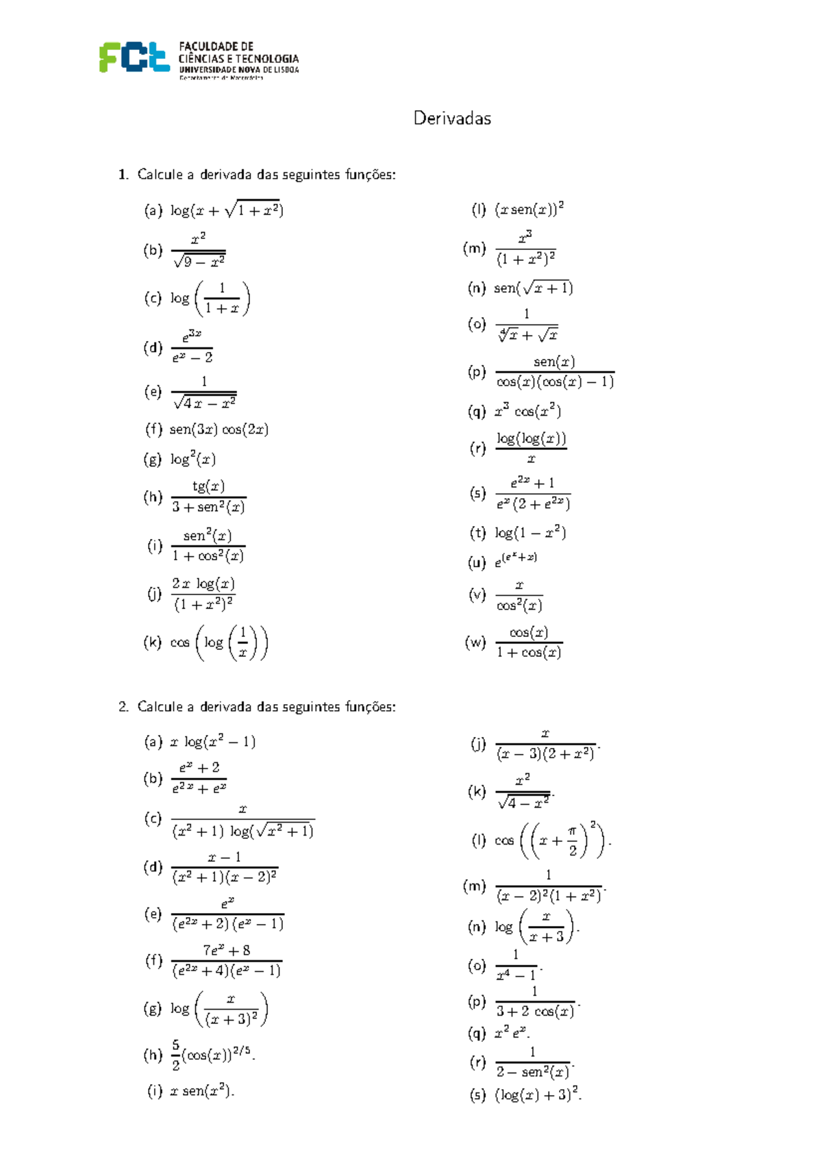 Am I Treino Derivadas Enunciado E Resolução Derivadas 1 Calcule