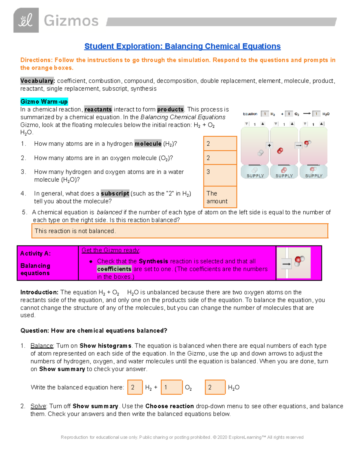 Balancing Equations Gizmo - Student Exploration: Balancing Chemical ...