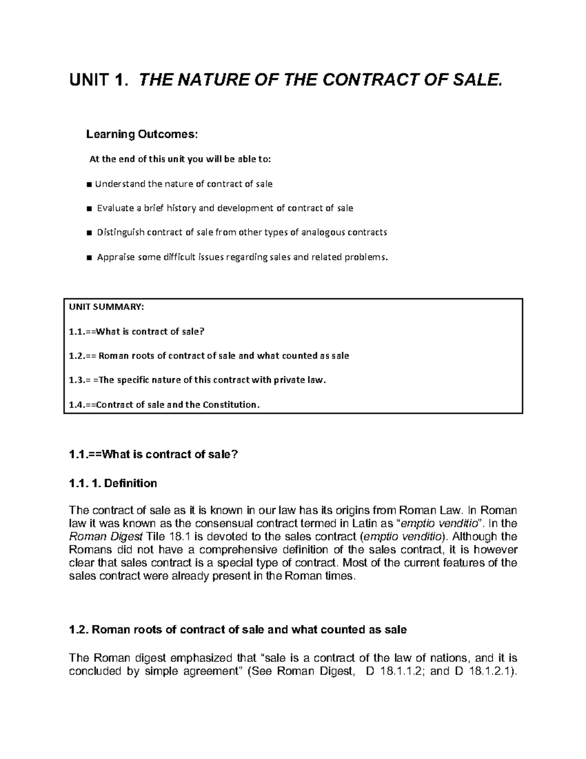Unit 1The Nature of contract of Sale UNIT 1. THE NATURE OF THE