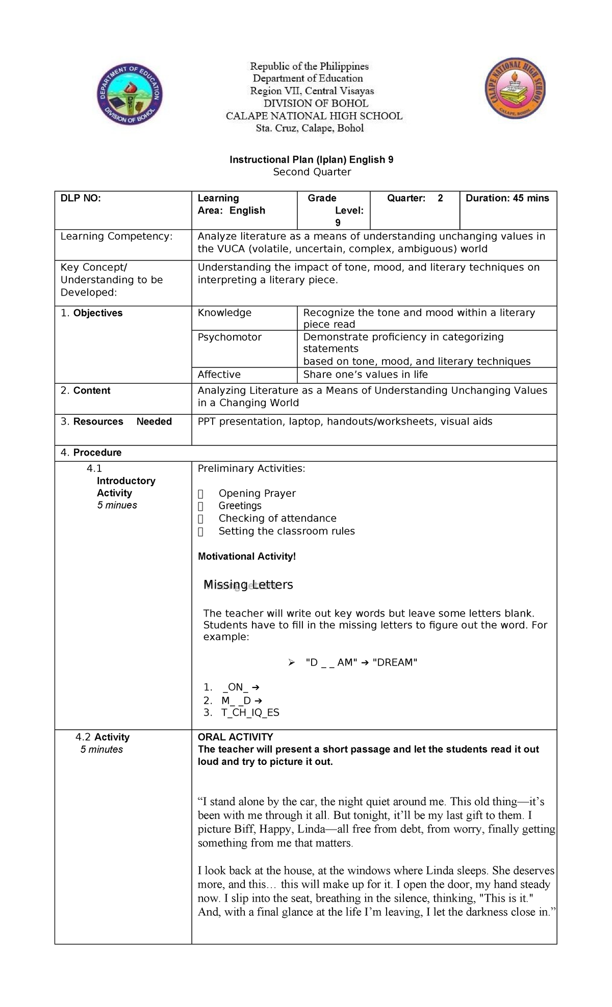 Grade-9- Final- Teaching-DEMO labesores - Instructional Plan (Iplan ...