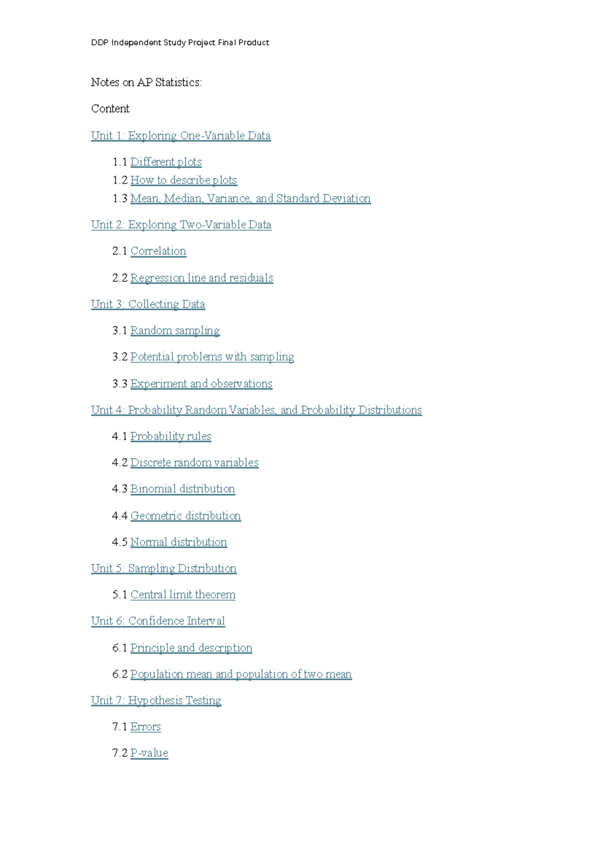 Notes on AP Statistics - Notes on AP Statistics: Content Unit 1 ...