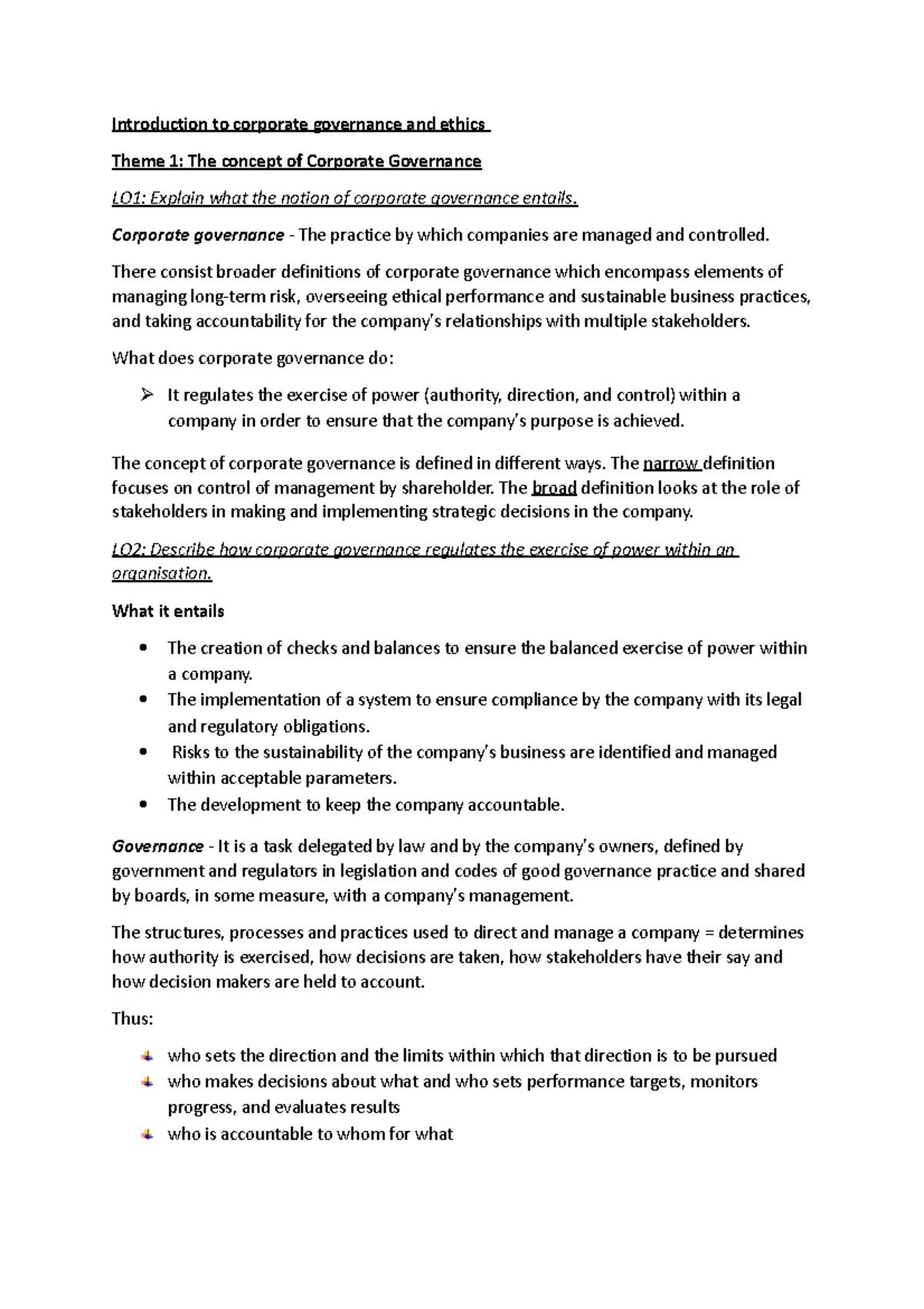LU1 - notes - Introduction to corporate governance and ethics Theme 1 ...