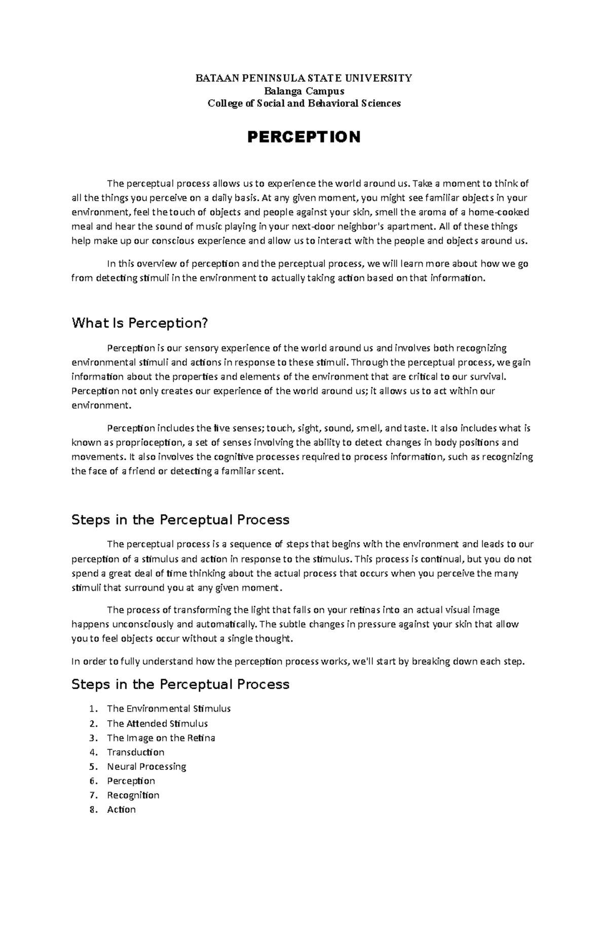 Lecture in Perception BATAAN PENINSULA STATE UNIVERSITY