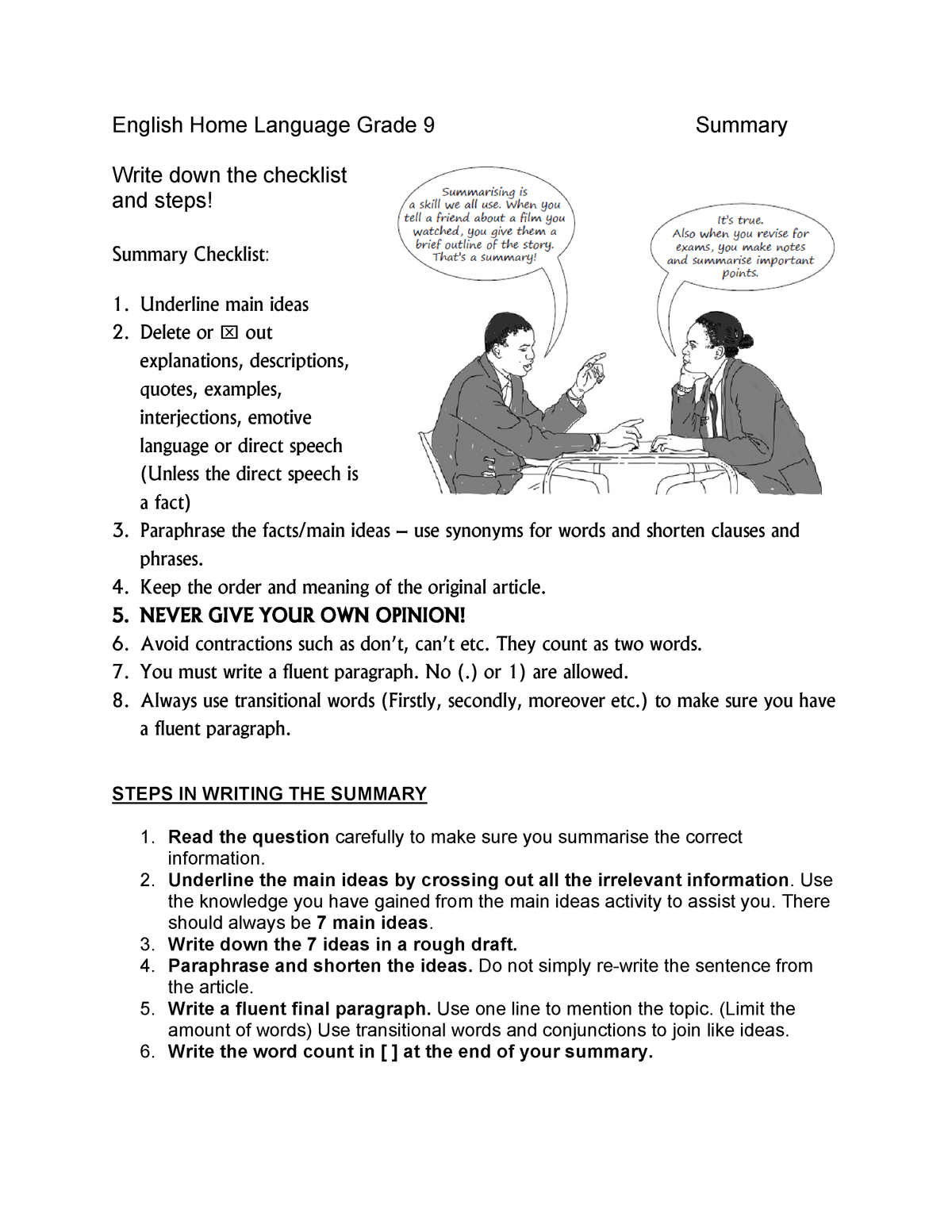 Grade 9 English HL Summary Worksheet English Home Language Grade 9 