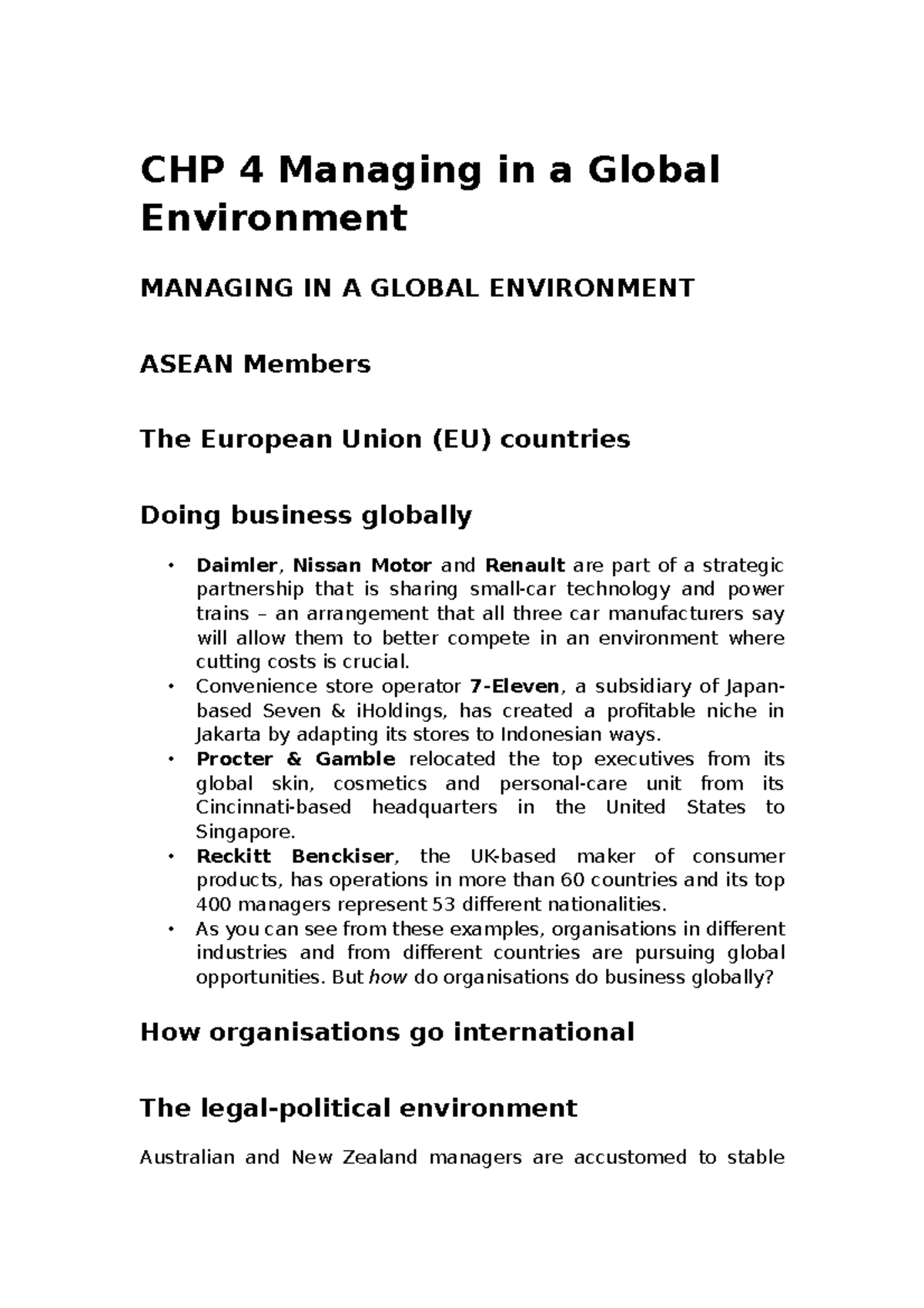 Chp 4 summary - CHP 4 Managing in a Global Environment MANAGING IN A ...