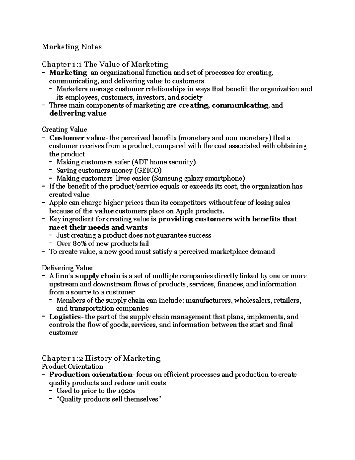 Chapters 1-4 Marketing Notes - Marketing Notes Chapter 1:1 The Value of ...