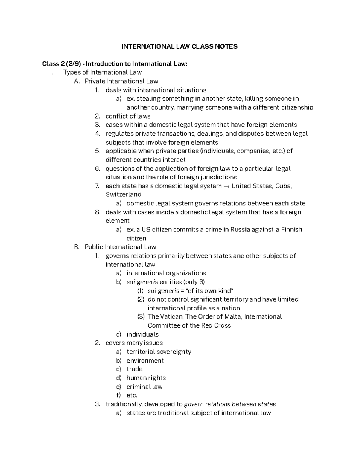 International Law Class Notes - INTERNATIONAL LAW CLASS NOTES Class 2 ...