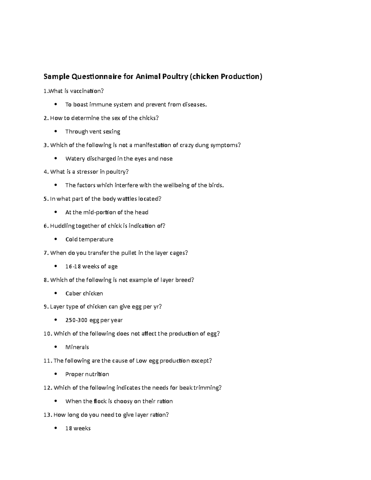 Sample Questionnaire for Animal Poultry 2. How to determine the sex