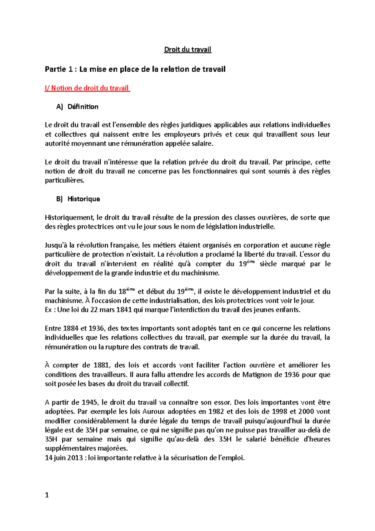 Droit du travail - Notes de cours 1 - Droit du travail Partie 1 : La ...