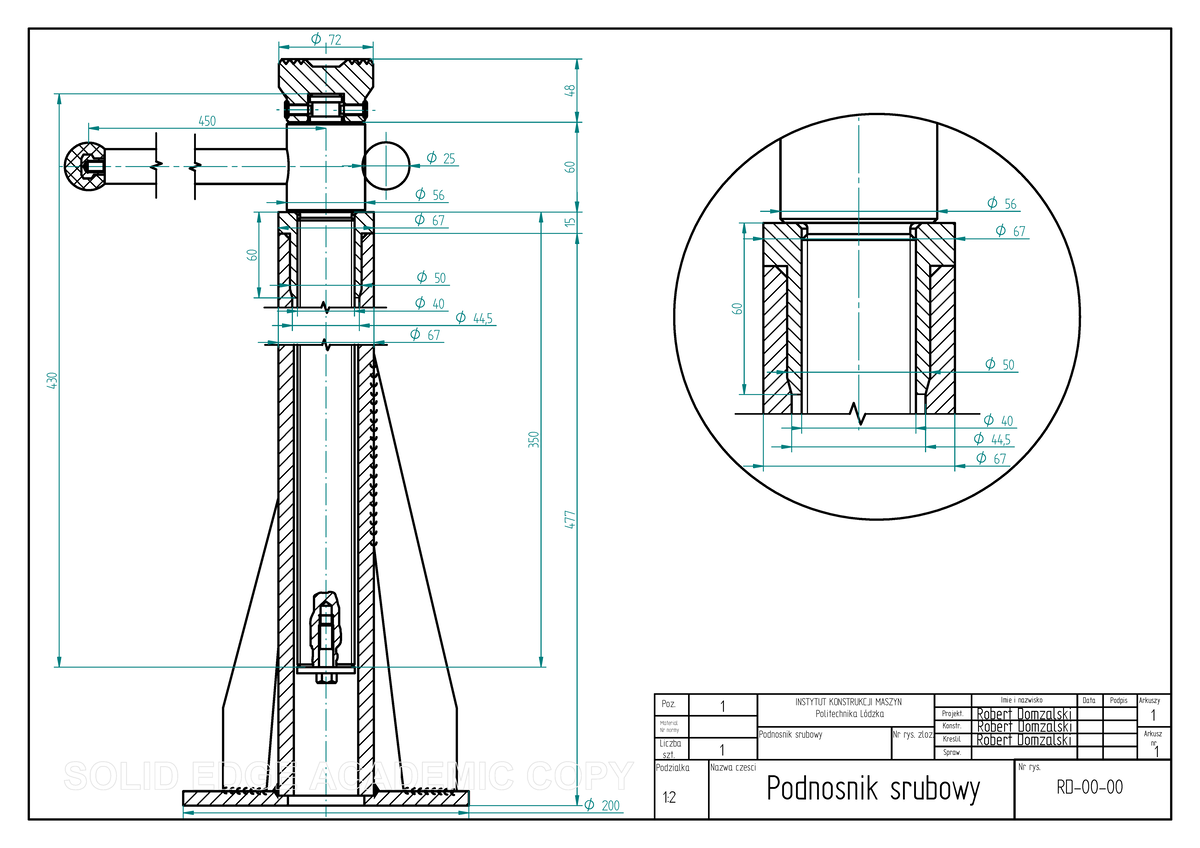 Podnośnik śrubowy - rysunek koncepcyjny - Poz. MaterialNr normy