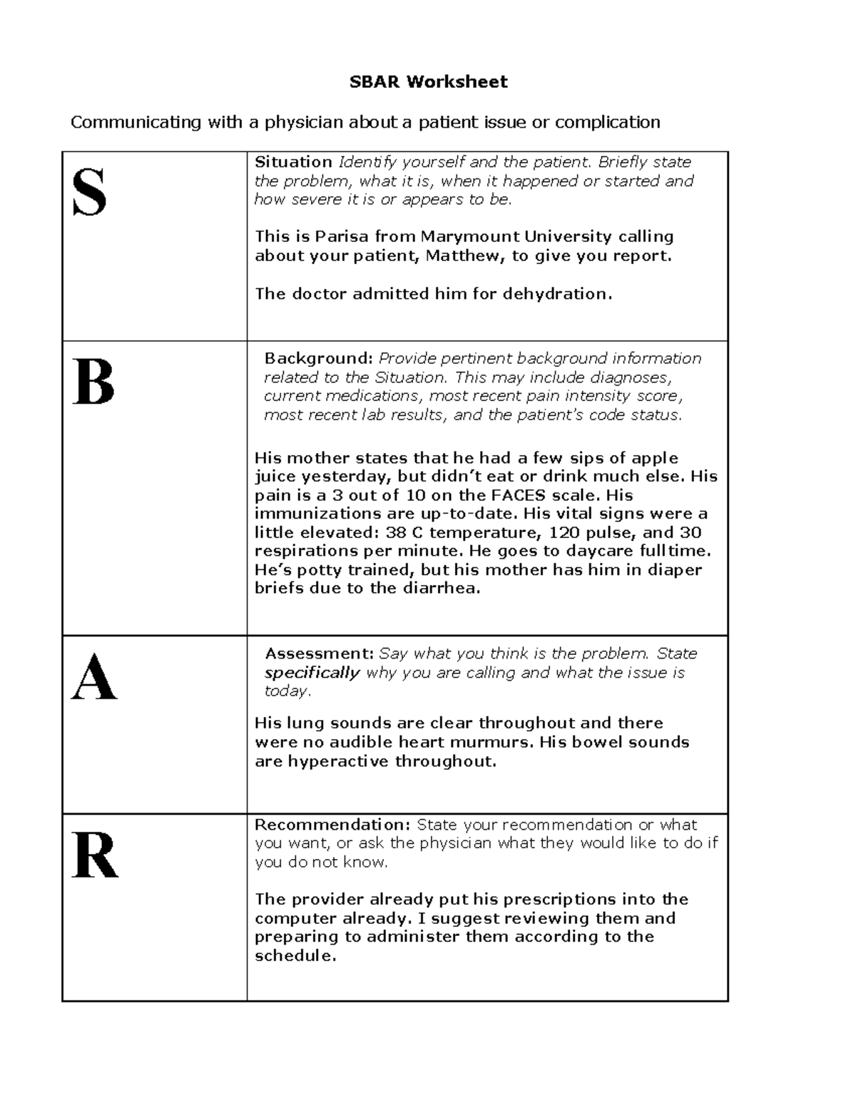 SBAR peds GI - sbar example - SBAR Worksheet Communicating with a ...