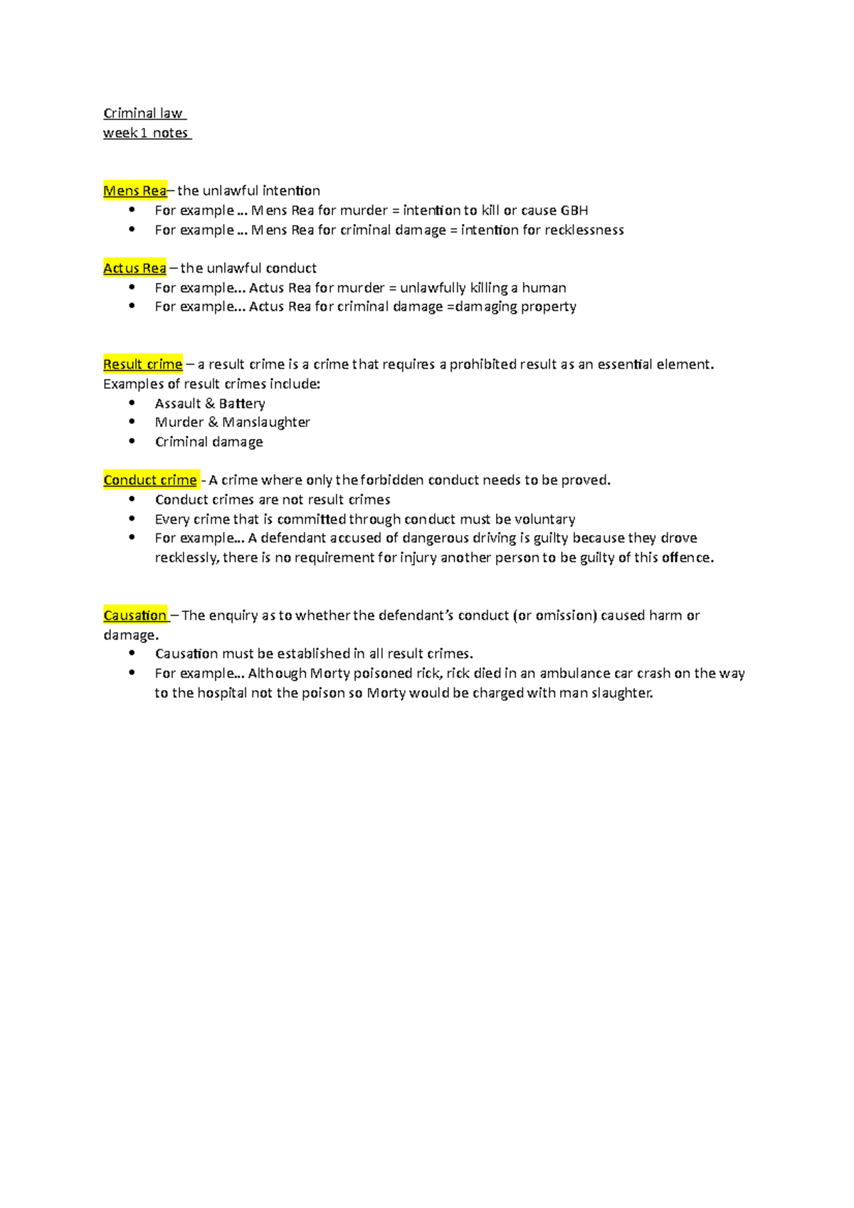 Criminal law -week one - Lecture notes lecture 1 - 280CLS - Coventry ...