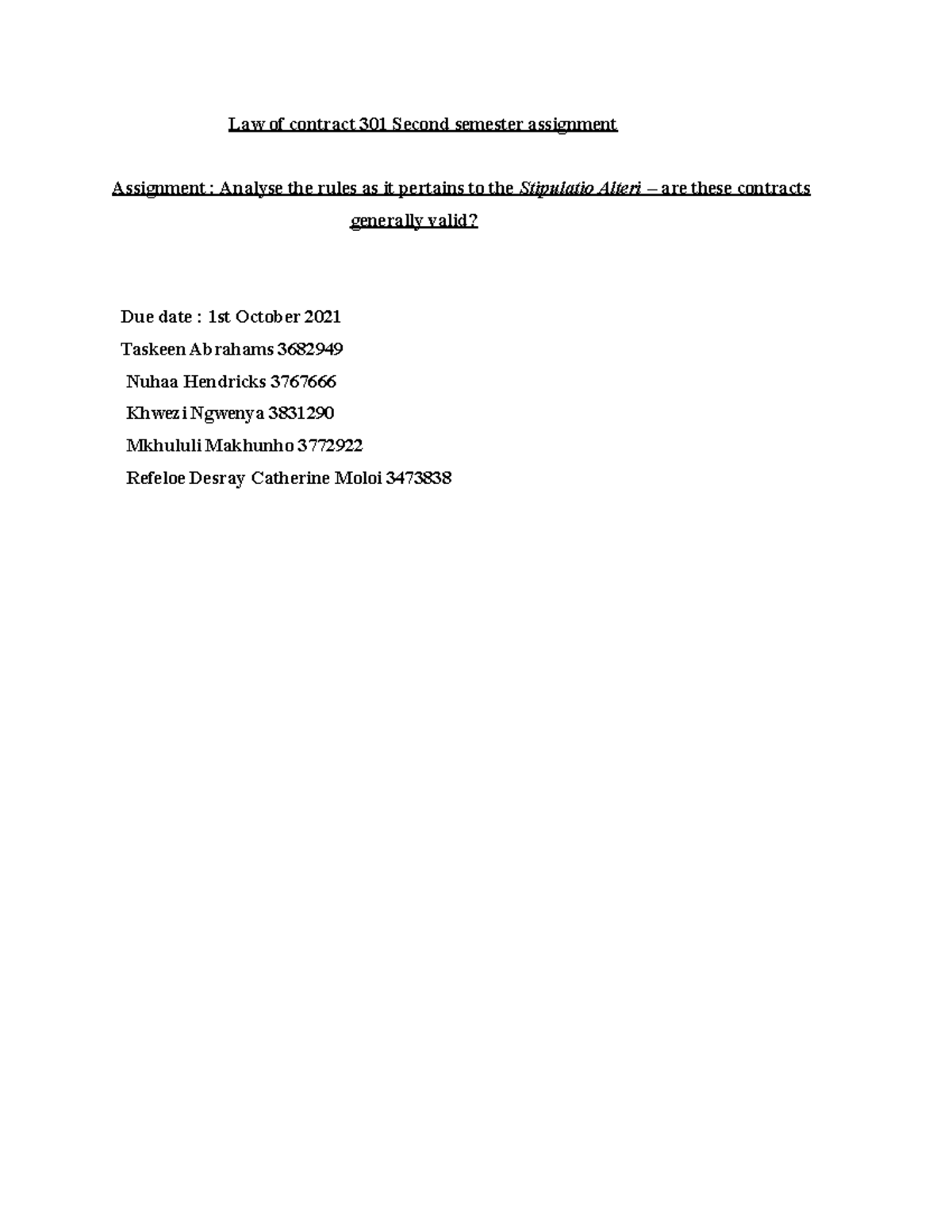 LOC Sem 2 assignment - Law of contract 301 Second semester assignment ...