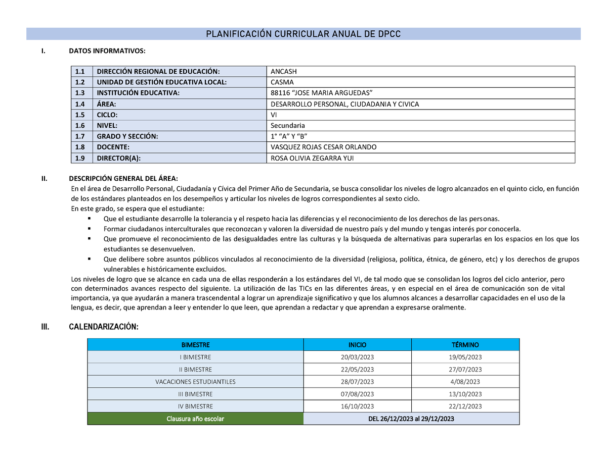 Programacion Anual 1° DPCC - PLANIFICACI”N CURRICULAR ANUAL DE DPCC I ...