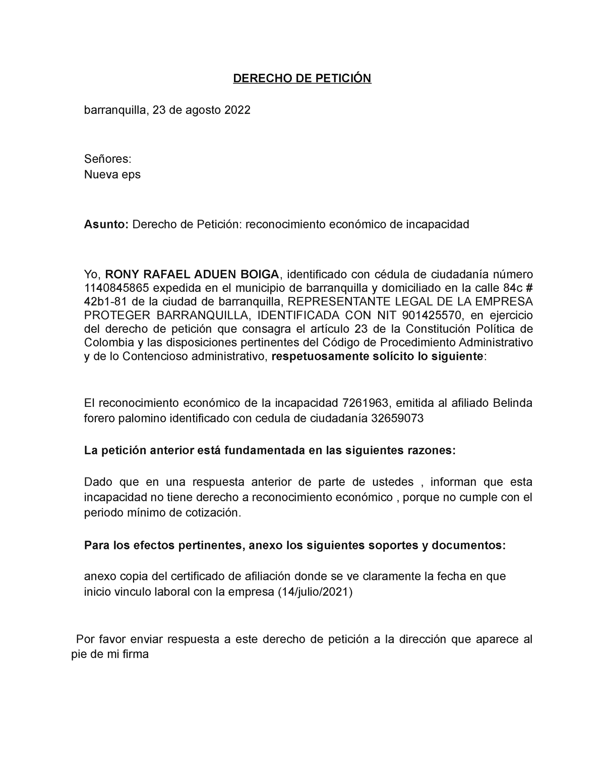 Derecho De Peticion Nueva Eps - DERECHO DE PETICIÓN Barranquilla, 23 De ...