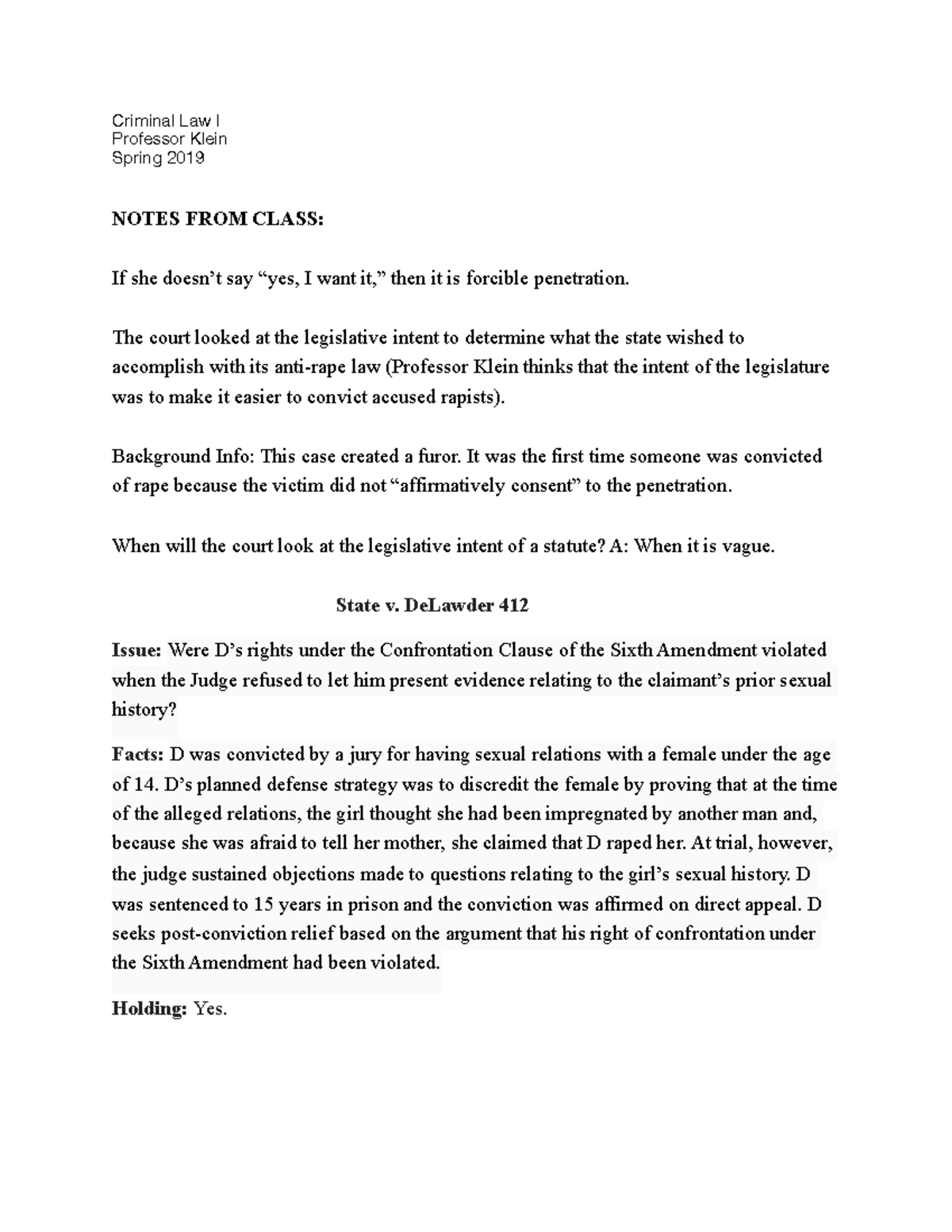 State v. De Lawder 412 - Lecture notes 16 - Criminal Law I Professor ...