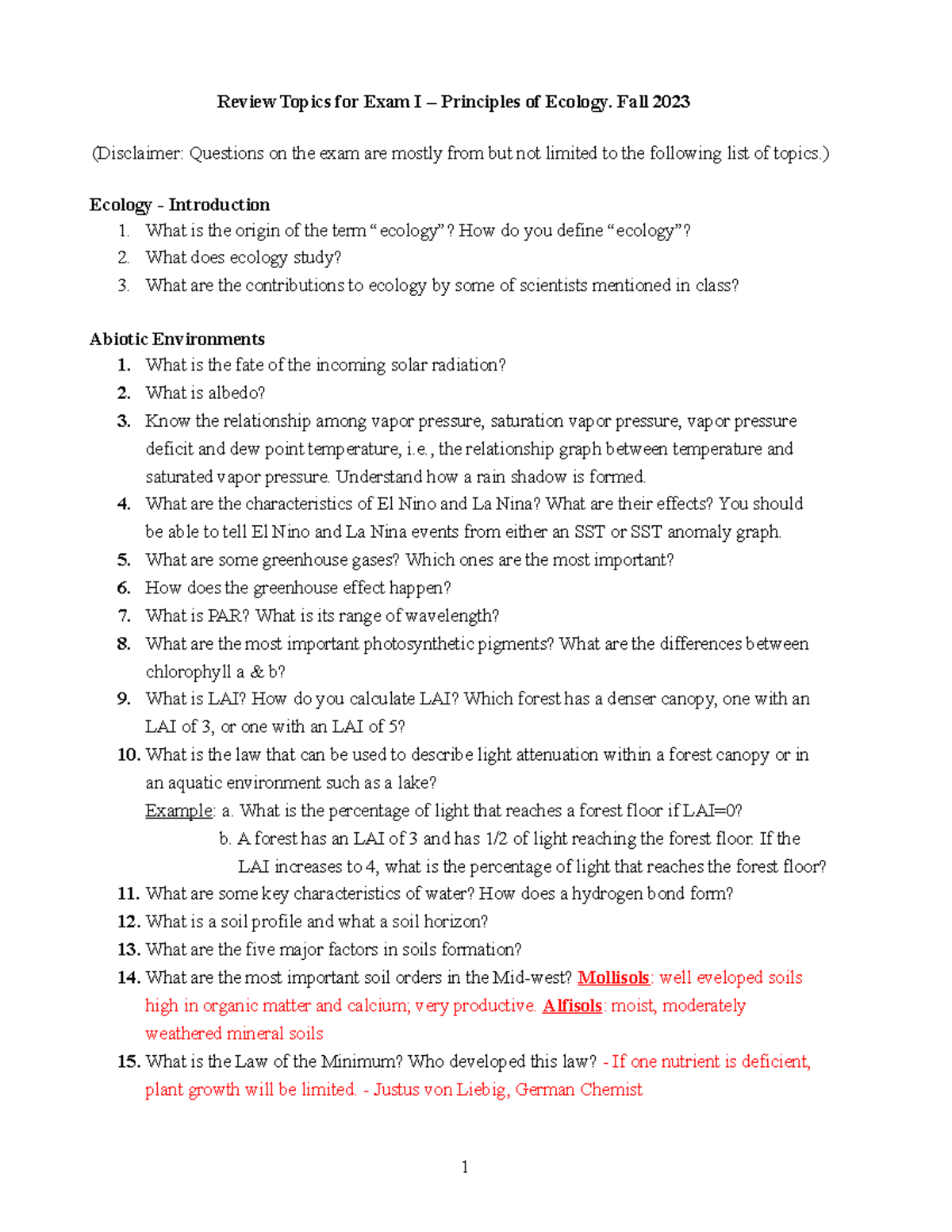 Problem Set 1st Exam Fall 2023 - Review Topics for Exam I – Principles ...
