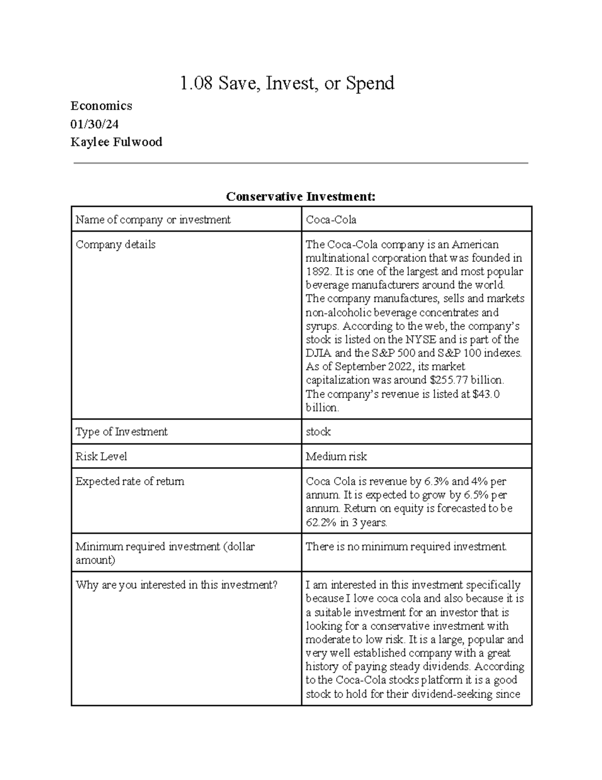 Investment Profoi - 1 Save, Invest, or Spend Economics 01/30/ Kaylee ...