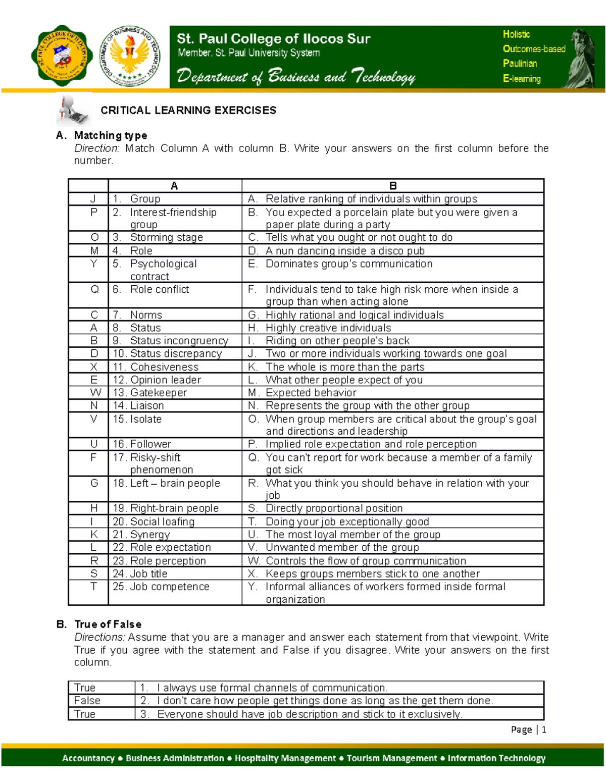 002-MGT107 Output - helpful - CRITICAL LEARNING EXERCISES A. Matching ...