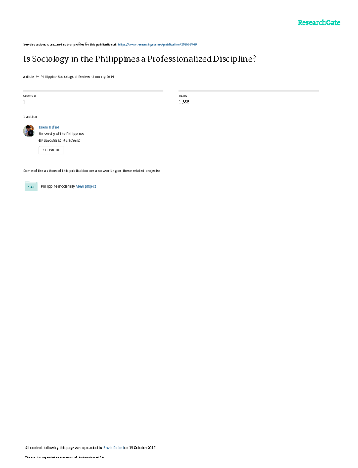 Rafael Erwin F-Is Sociologyinthe Philippinesa Professionalized ...