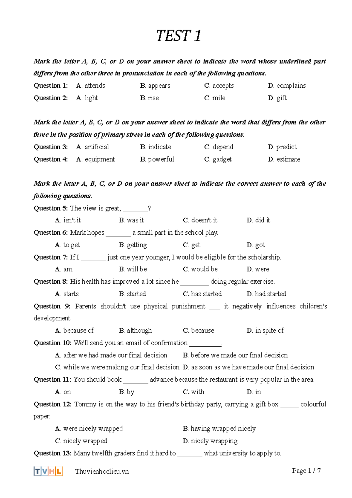 Test1 - Exercises - TEST 1 Mark The Letter A, B, C, Or D On Your Answer ...