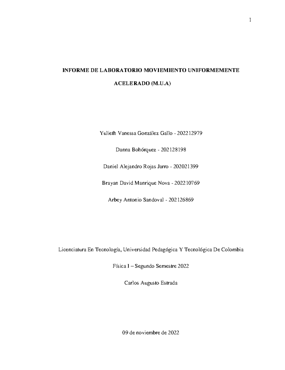 Informe De Laboratorio Fisica 1 Informe De Laboratorio Moviemiento